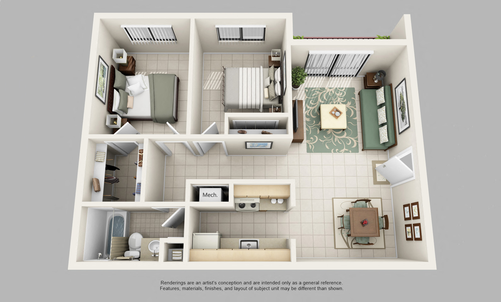 Floor plan for 2 beds, 1 bath, 900 sqft